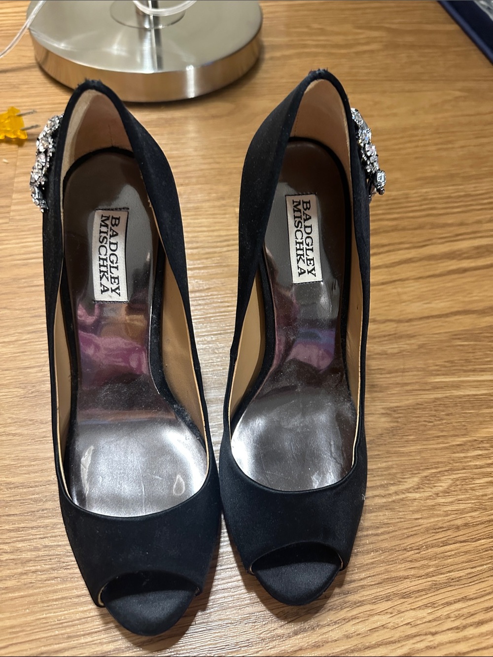 Badgley Mischka Black Satin Peep-Toe Pumps with Crystal Buckle